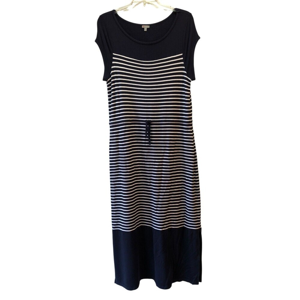 Talbots Womens Size XL Navy Blue Striped Nautical Cap Sleeve Jersey Maxi Dress